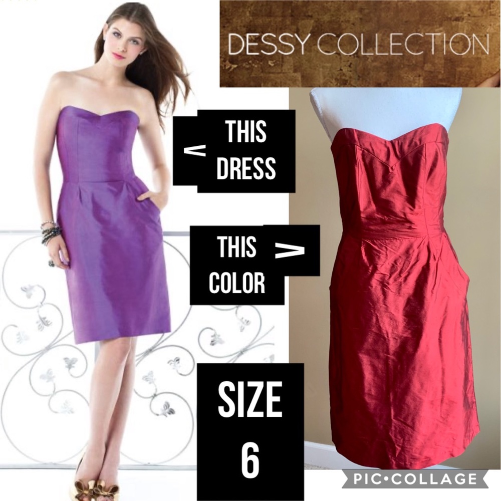 NWOT Dessy Collection by Vivian Diamond Ribbon Red Strapless Pockets Silk Size 6